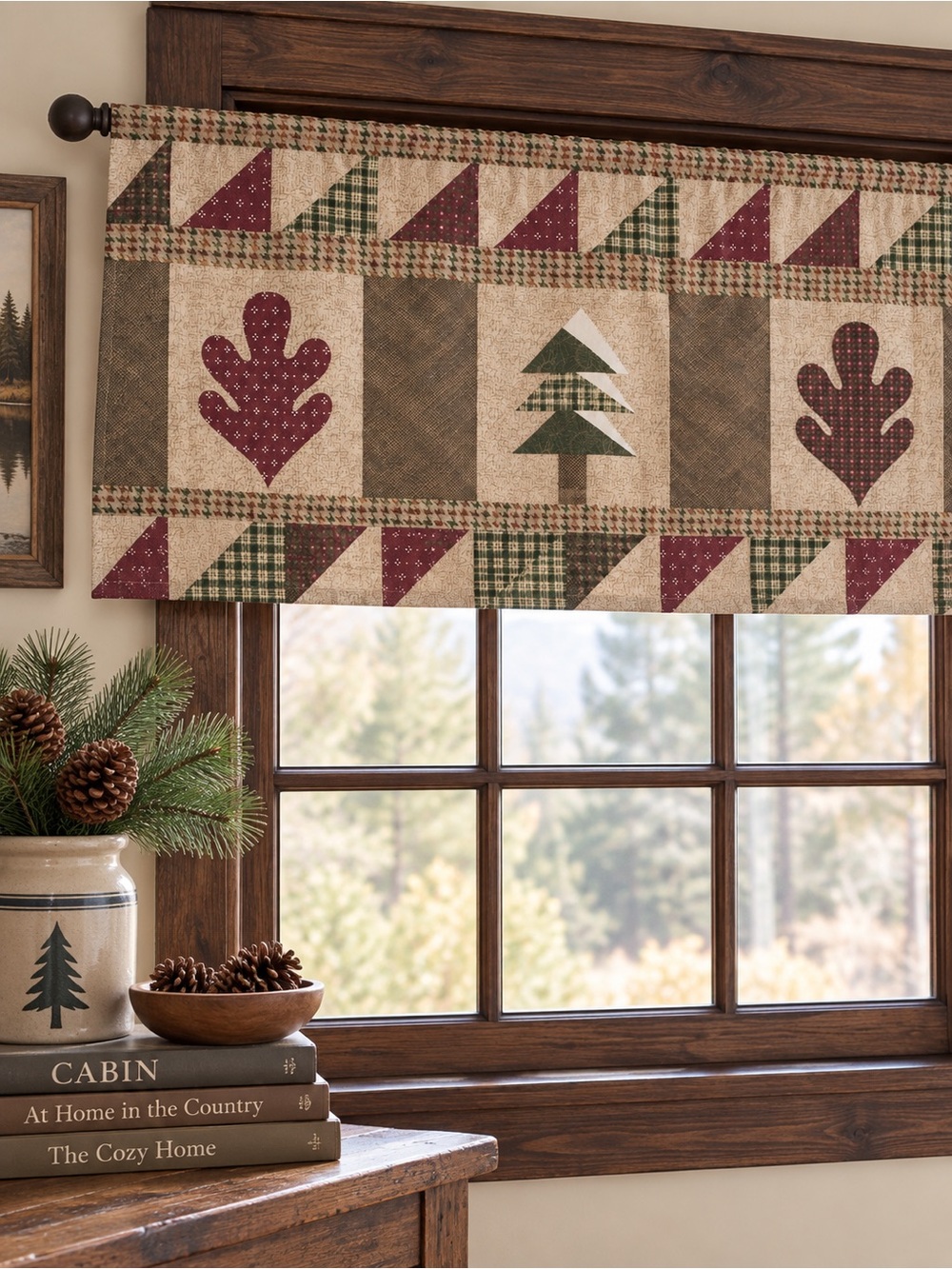 Quilt Print Valance Pine Tree Oak Leaf Cabin Lodge Rustic Country 60x18